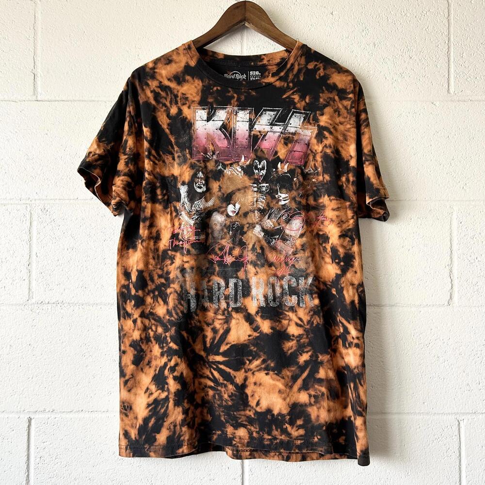 Hard Rock Kiss Rock Band Bleached Short Sleeve T-Shirt Men’s Large